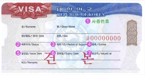 韩国签证样本，出国签证