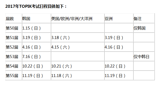 2017年韩语考试日程安排